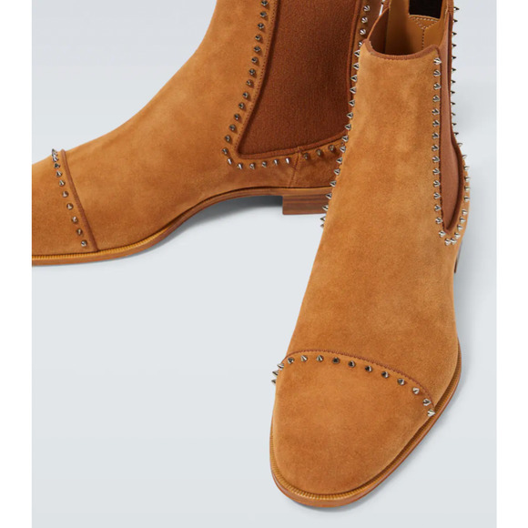 Christian Louboutin Mens Chelsea Cloo Flat Cinnamon Brown Suede Spike Boot 45 12 - Picture 5 of 12